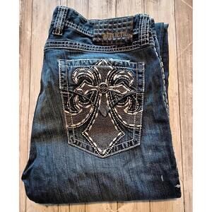 Affliction Buckle Black Premium Cooper Relaxed Boot Jeans 34 White Stitching